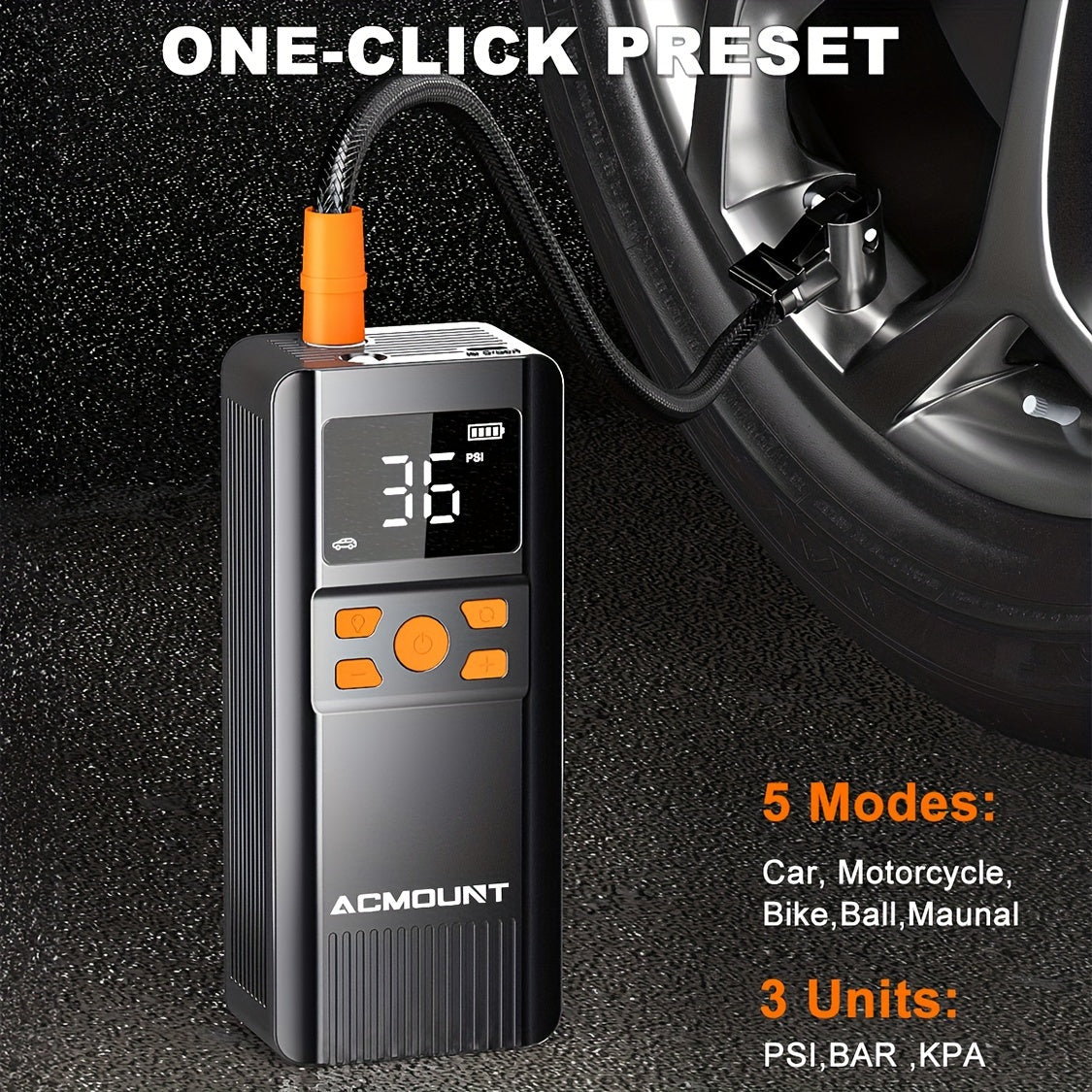 ACMOUNT Portable Tire Inflator - 150PSI Cordless Air Compressor with Digital Gauge & LED Light, USB Rechargeable, Fast Inflation for Cars, Bikes, Motorcycles & Sports Equipment, Air Compressor for Car Tires