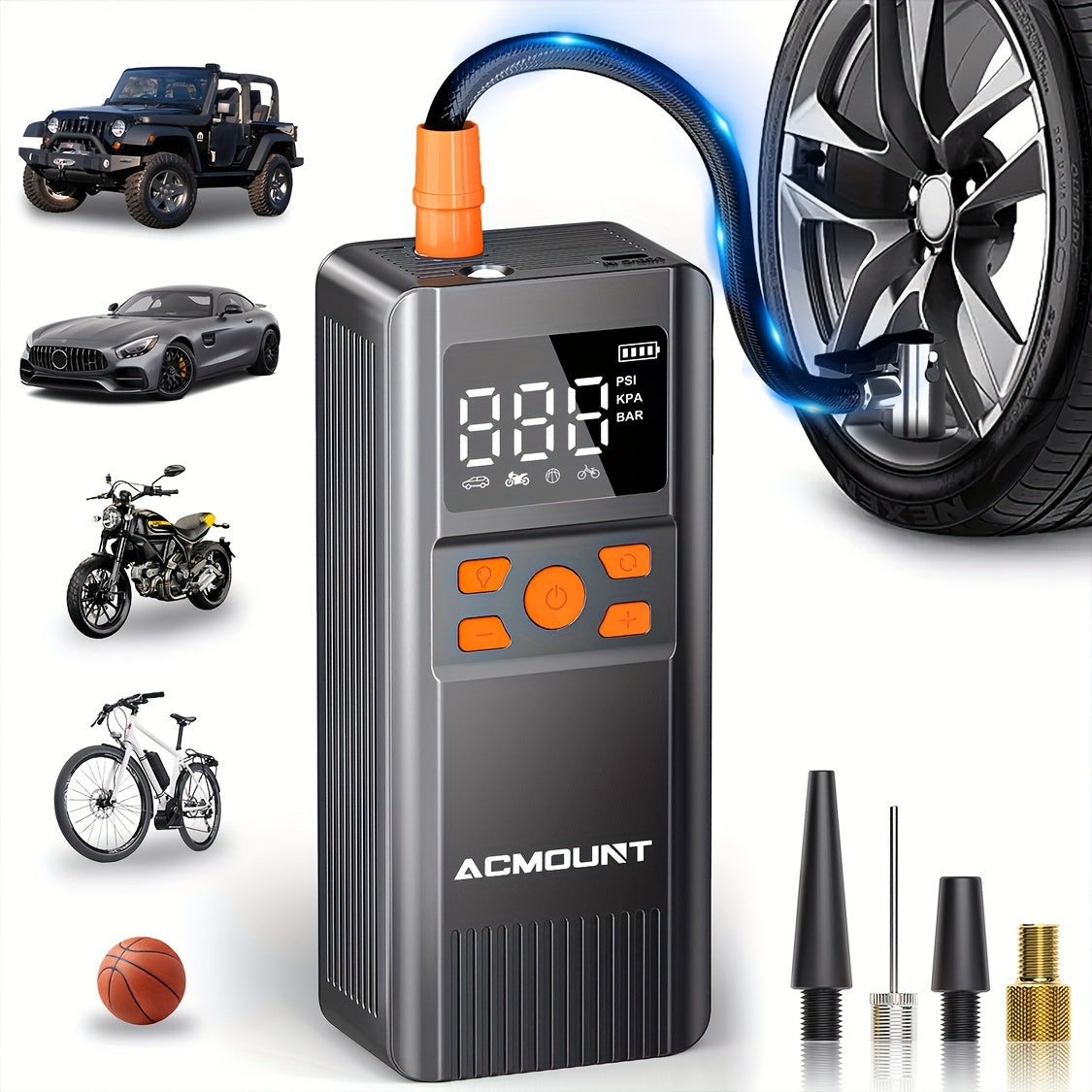 ACMOUNT Portable Tire Inflator - 150PSI Cordless Air Compressor with Digital Gauge & LED Light, USB Rechargeable, Fast Inflation for Cars, Bikes, Motorcycles & Sports Equipment, Air Compressor for Car Tires