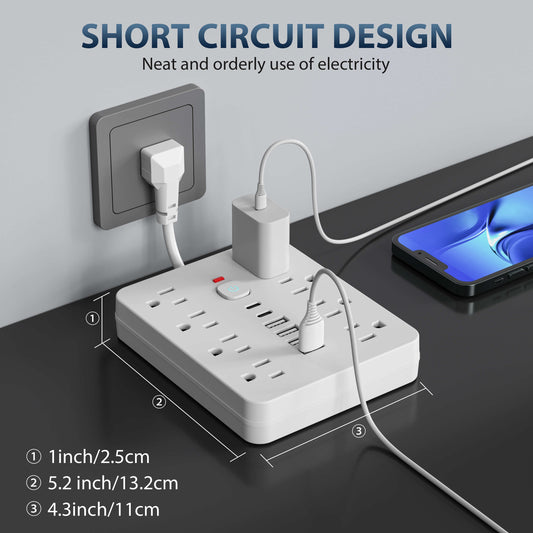 14-in-1 Power Strip with Surge Protection and One-Touch Control Switch - 4 Spacious AC Outlets with 6 USB Ports (including 2 Type-C) - Wall-Mountable Extension Cord for Office, Study, Home, and School Use - US Plug, 110V-130V