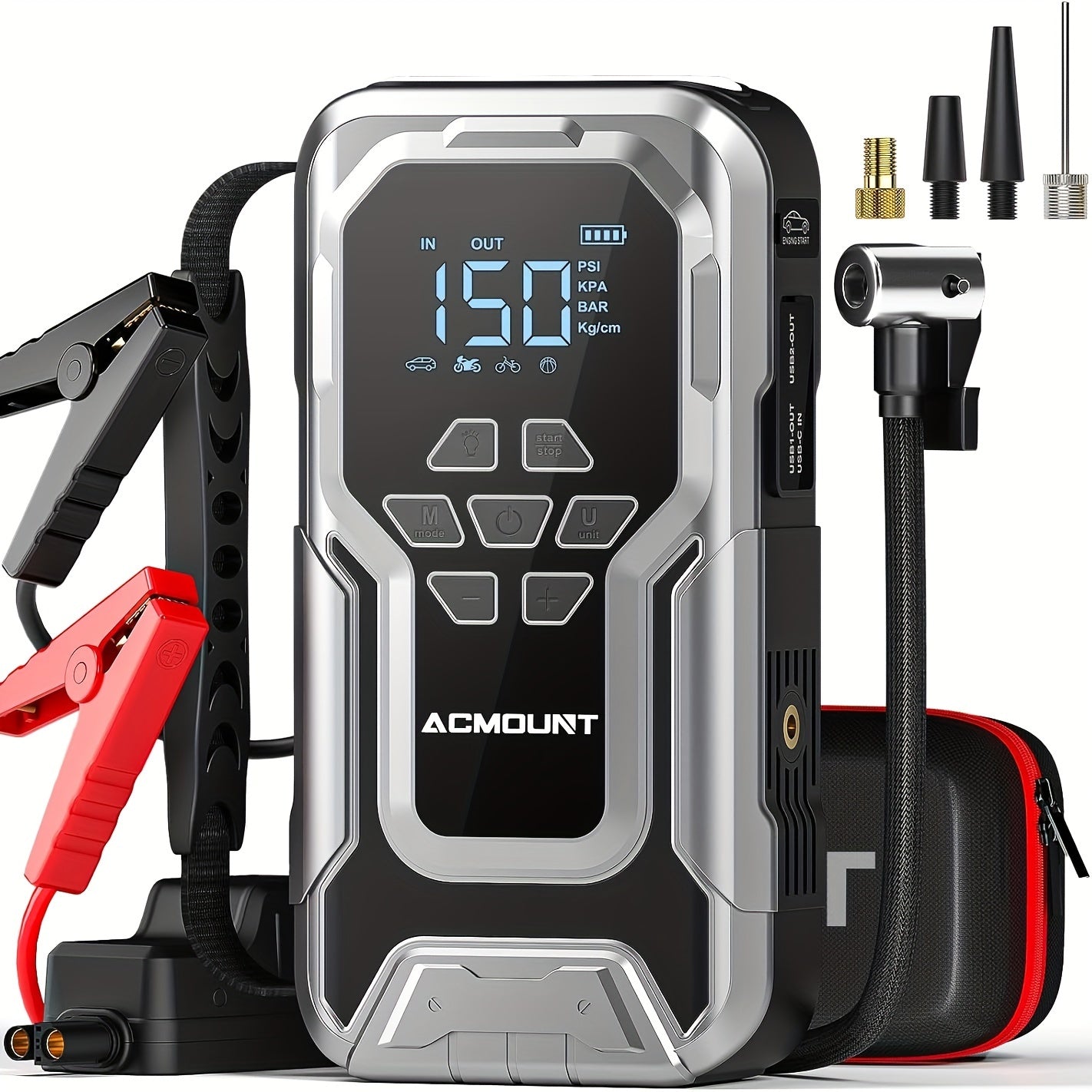 ACMOUNT Portable Tire Inflator - 150PSI Cordless Air Compressor with Digital Gauge & LED Light, USB Rechargeable, Fast Inflation for Cars, Bikes, Motorcycles & Sports Equipment, Air Compressor for Car Tires