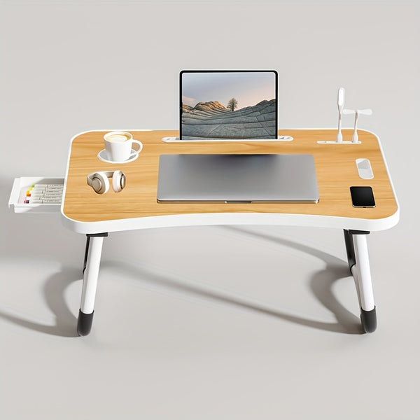 Ultra Large Portable Laptop Bed Table Foldable Desk, Computer Desk - Multi Functional Tray Holder With Cup Holder And Drawer, USB, Fan, And Light - Perfect For Eating, Reading, And Writing On Beds, Sofas, Floors - Stable, Dur Image